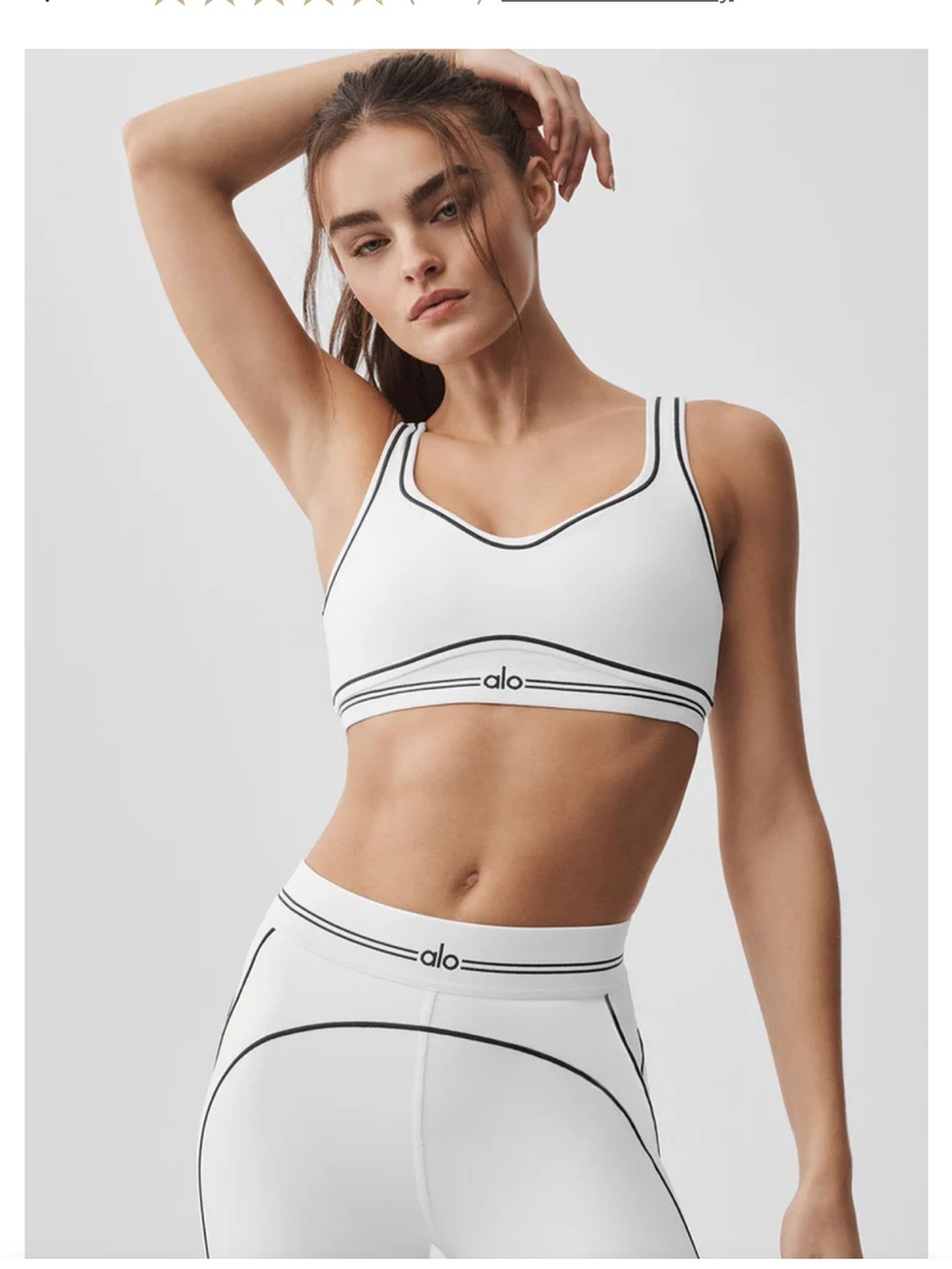 ALO Yoga White V-Neck Sports Bra with Black Contrast Trim
